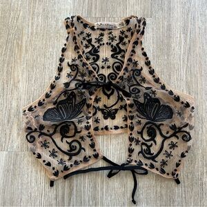 🚫SOLD🚫🖤For Love Lemons Butterfly Black Tan Velvet Burnout Sheer Top   S🦋🚫SOLD🚫